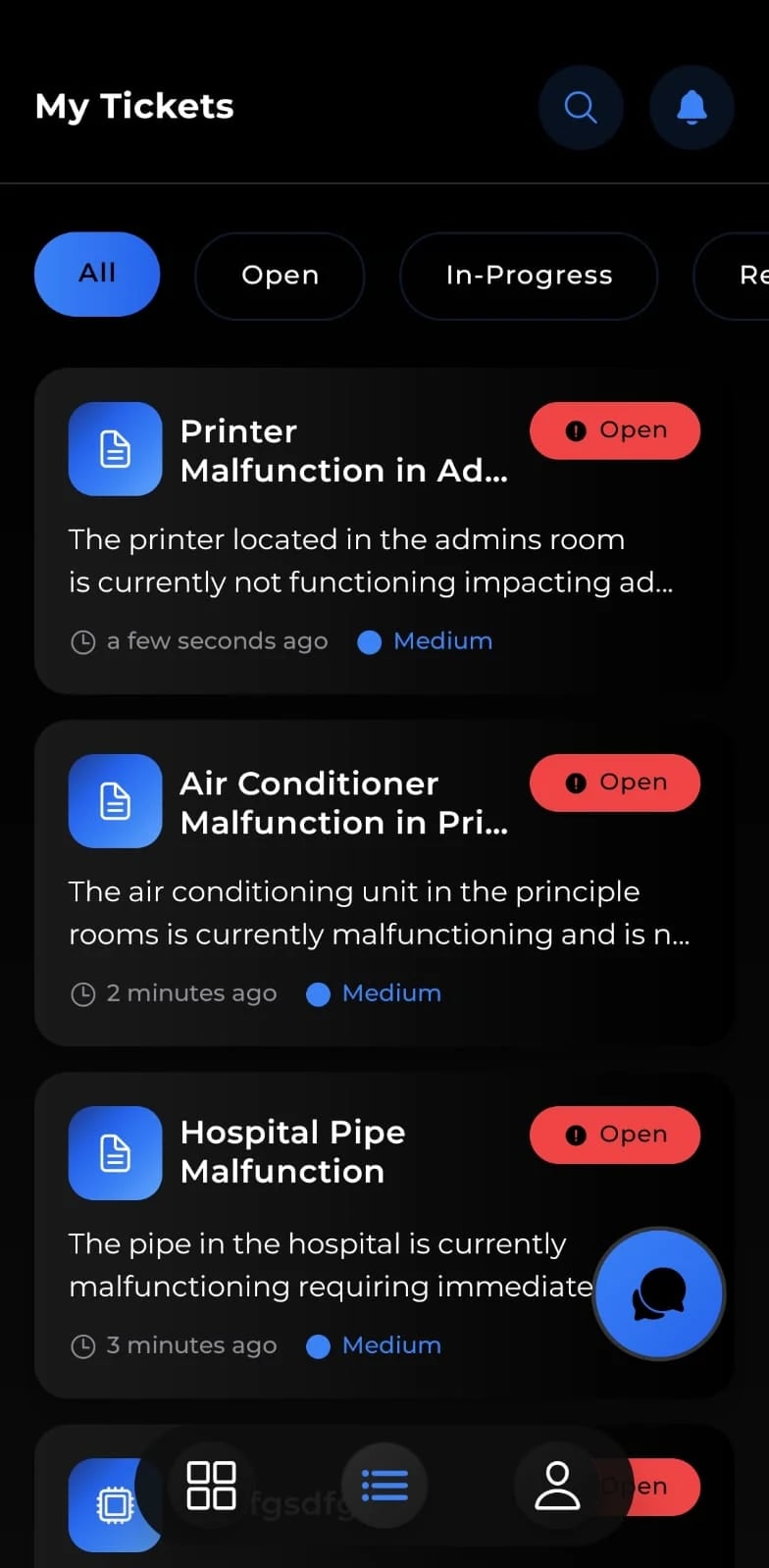 Requester app ticket list with each reported issue, its status and priority