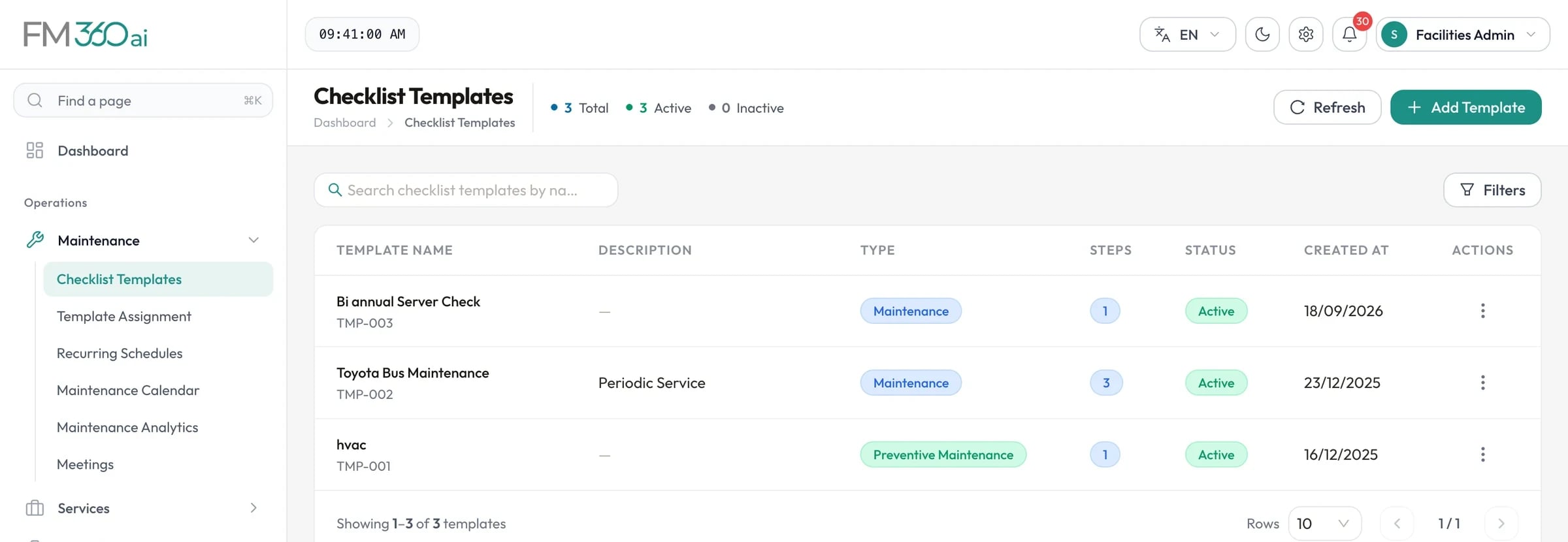 Checklist templates list with template name, type, number of steps and status