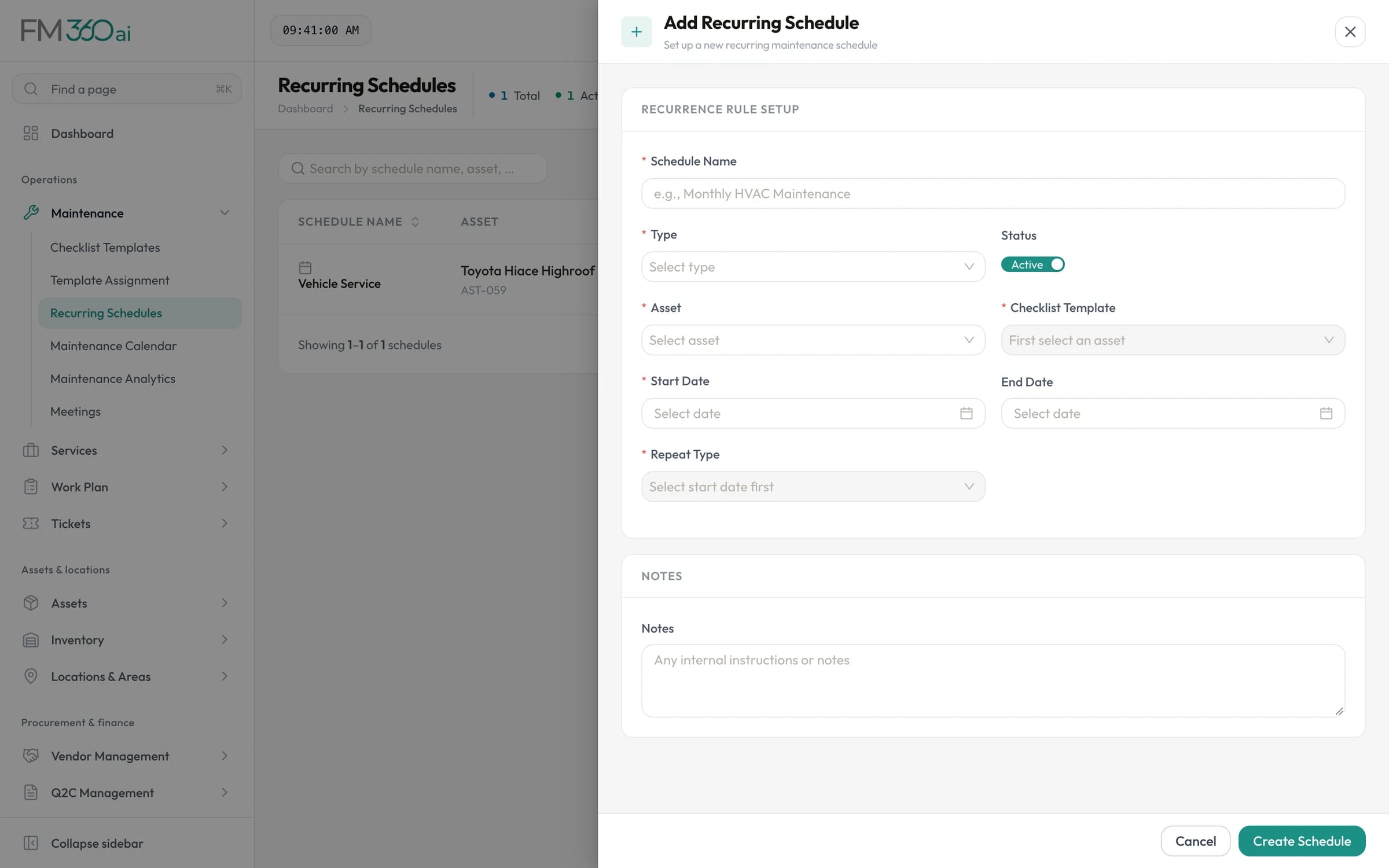 Add recurring schedule form with schedule name, type, asset, checklist template, start and end dates and repeat type