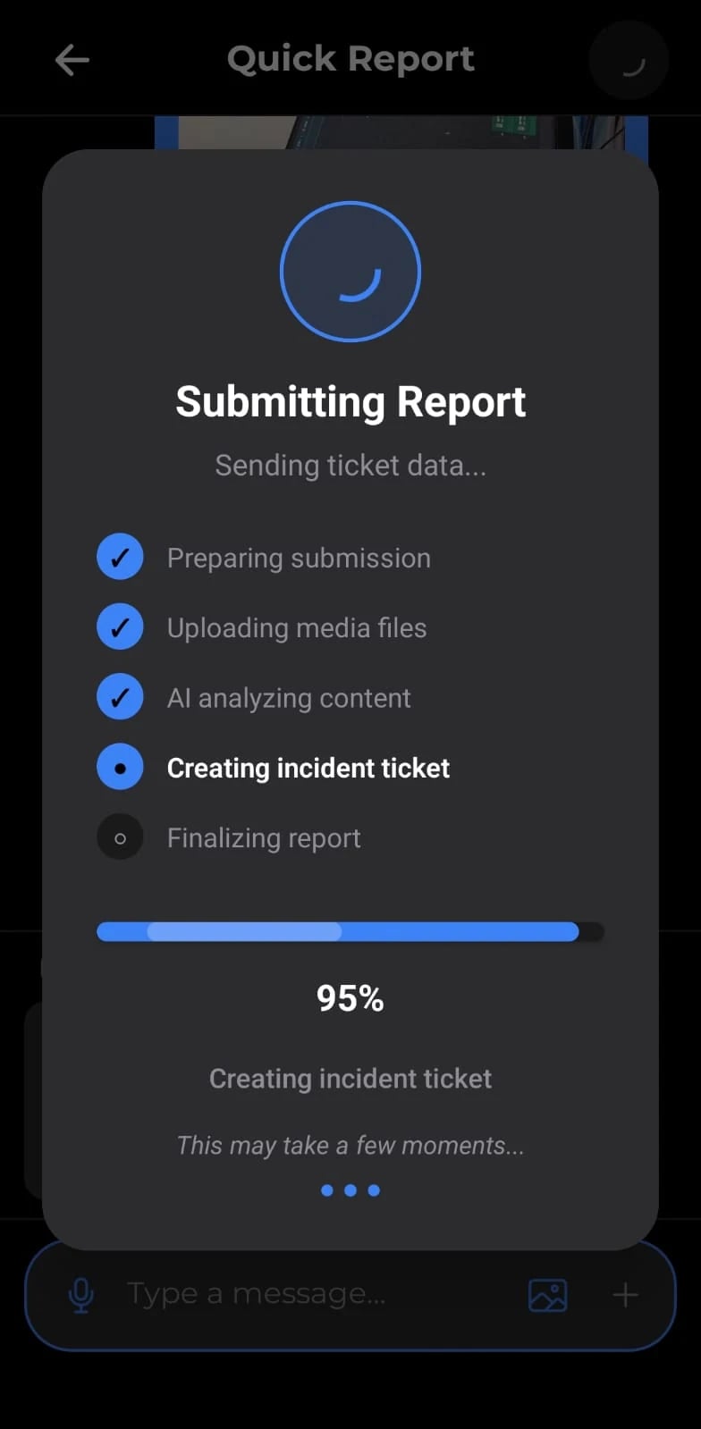 Requester app submitting a report, with steps for uploading media, AI analysing the content and creating the ticket