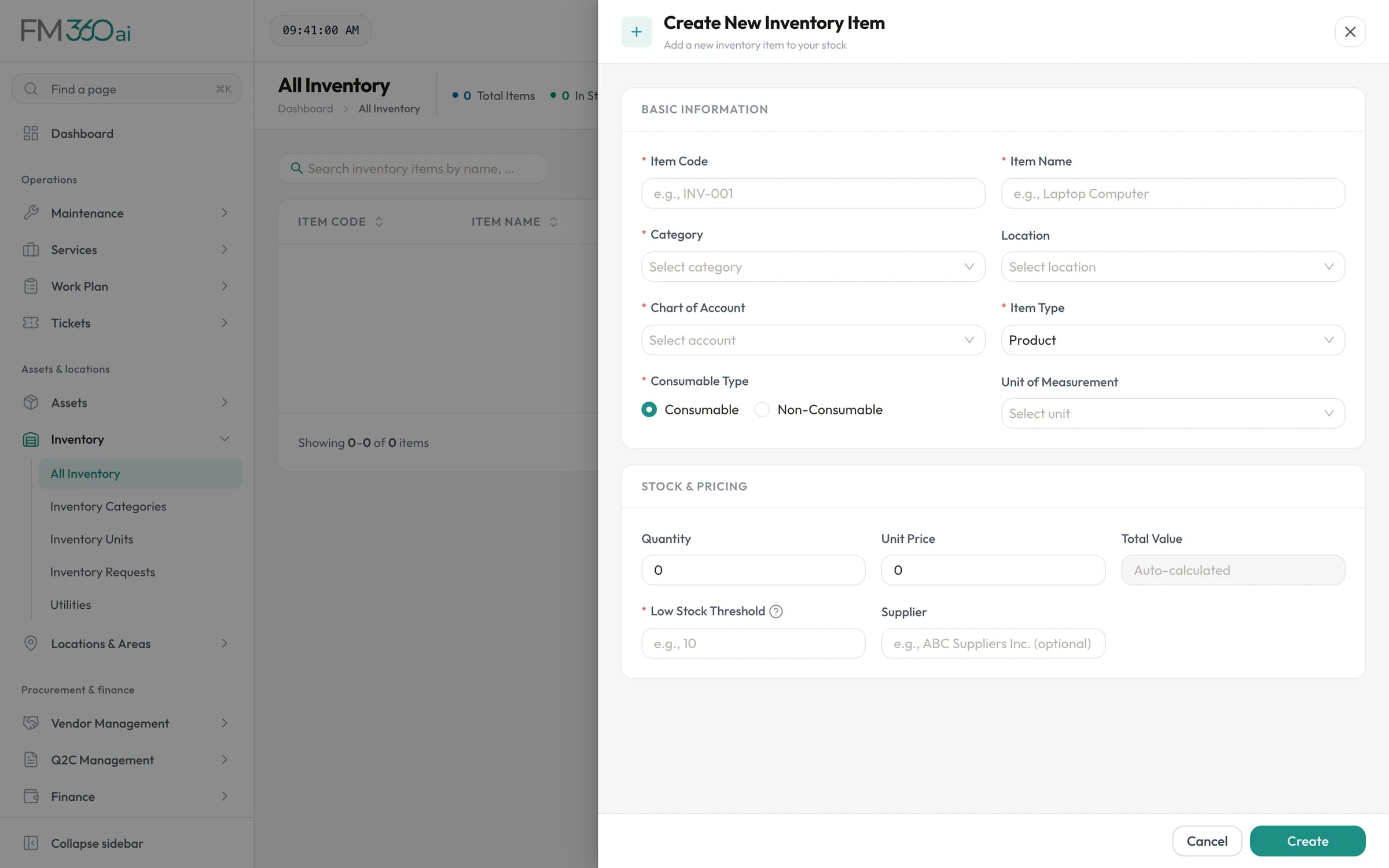Create inventory item form with item code, category, account, unit, quantity, unit price and low stock threshold