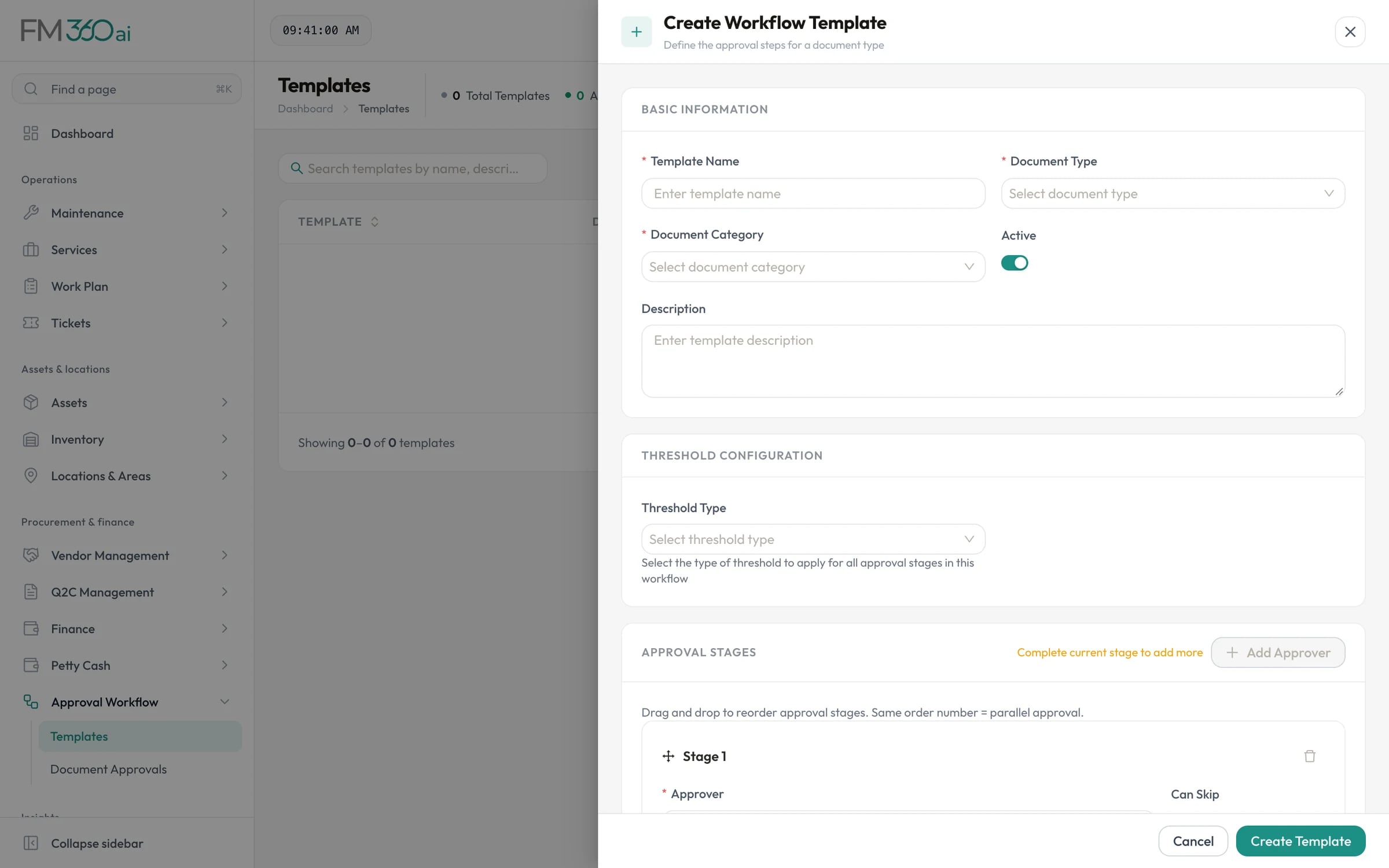Create workflow template form with document type, threshold configuration and ordered approval stages