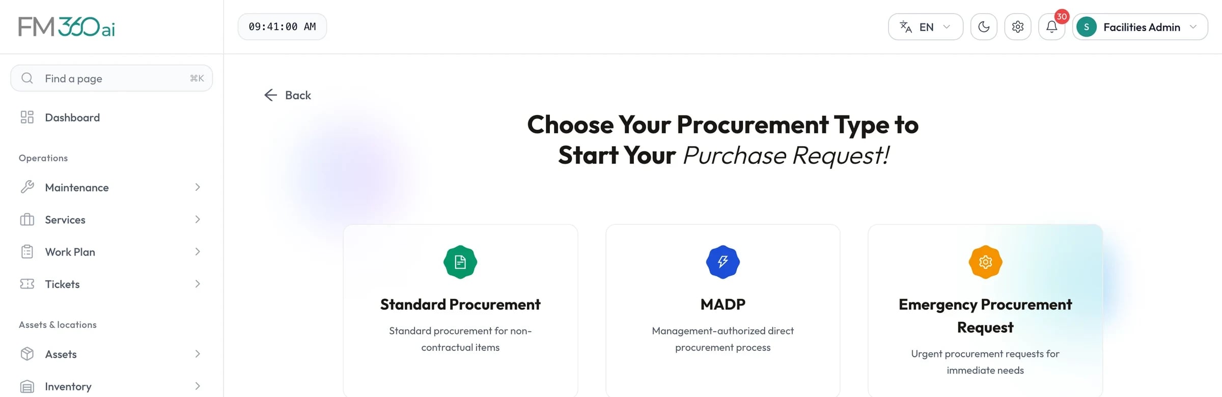 Purchase request start screen offering standard procurement, management-authorised direct procurement and emergency procurement