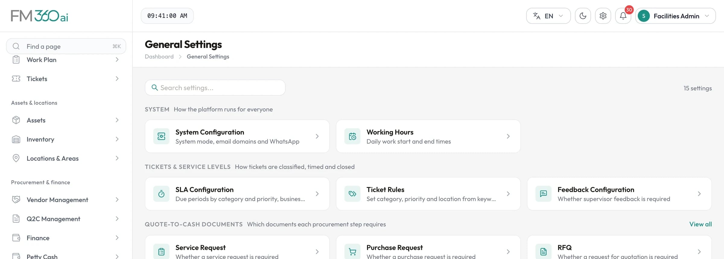 General settings catalogue with system configuration, working hours, SLA configuration, ticket rules and procurement document settings