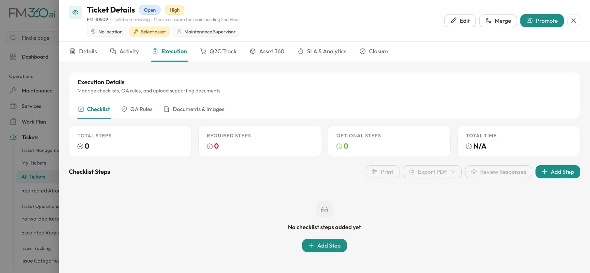 Execution tab of a ticket with checklist, QA rules and documents sections and counts of required and optional steps